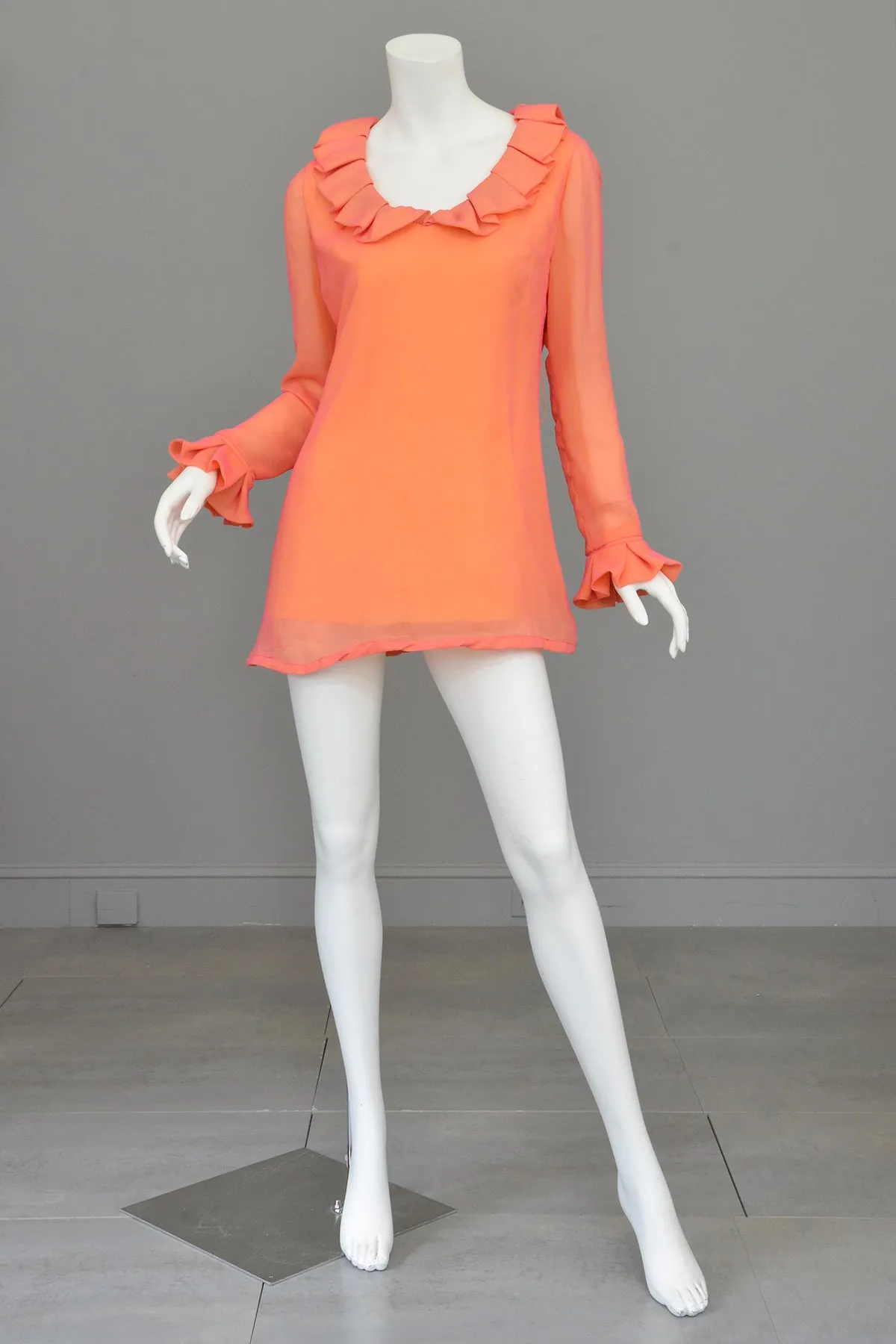 1970s Neon Coral + Saffron Chiffon Micro Mini Tunic