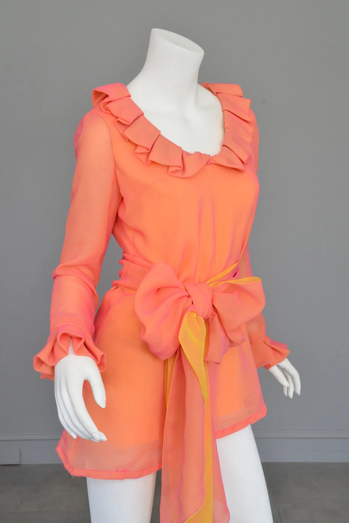 1970s Neon Coral + Saffron Chiffon Micro Mini Tunic