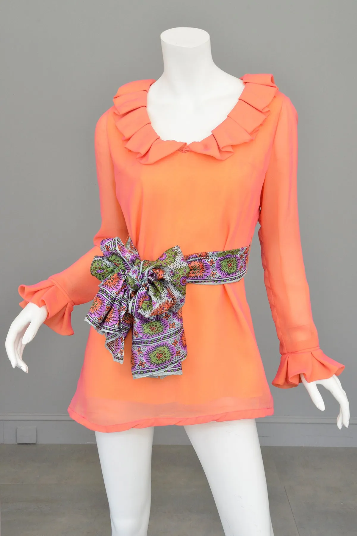 1970s Neon Coral + Saffron Chiffon Micro Mini Tunic