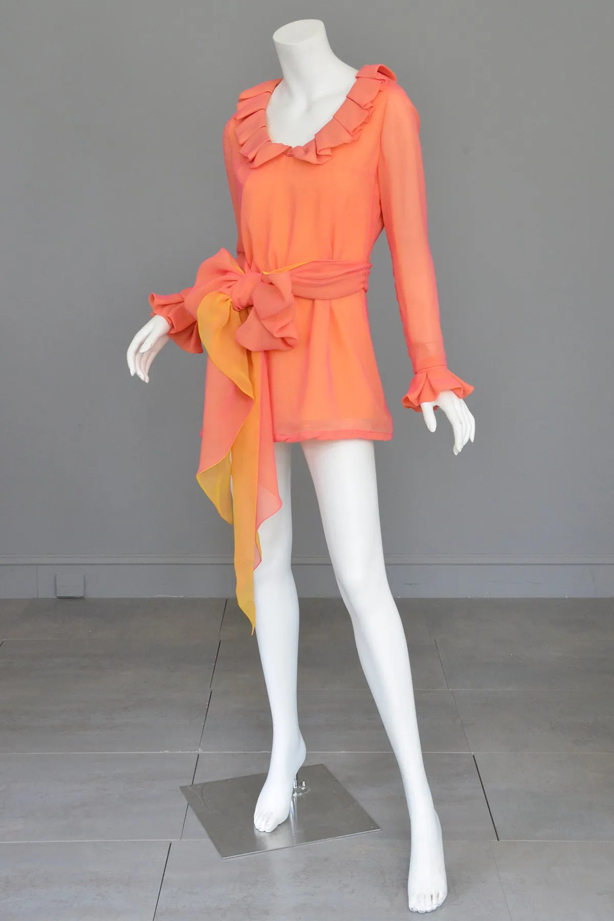 1970s Neon Coral + Saffron Chiffon Micro Mini Tunic