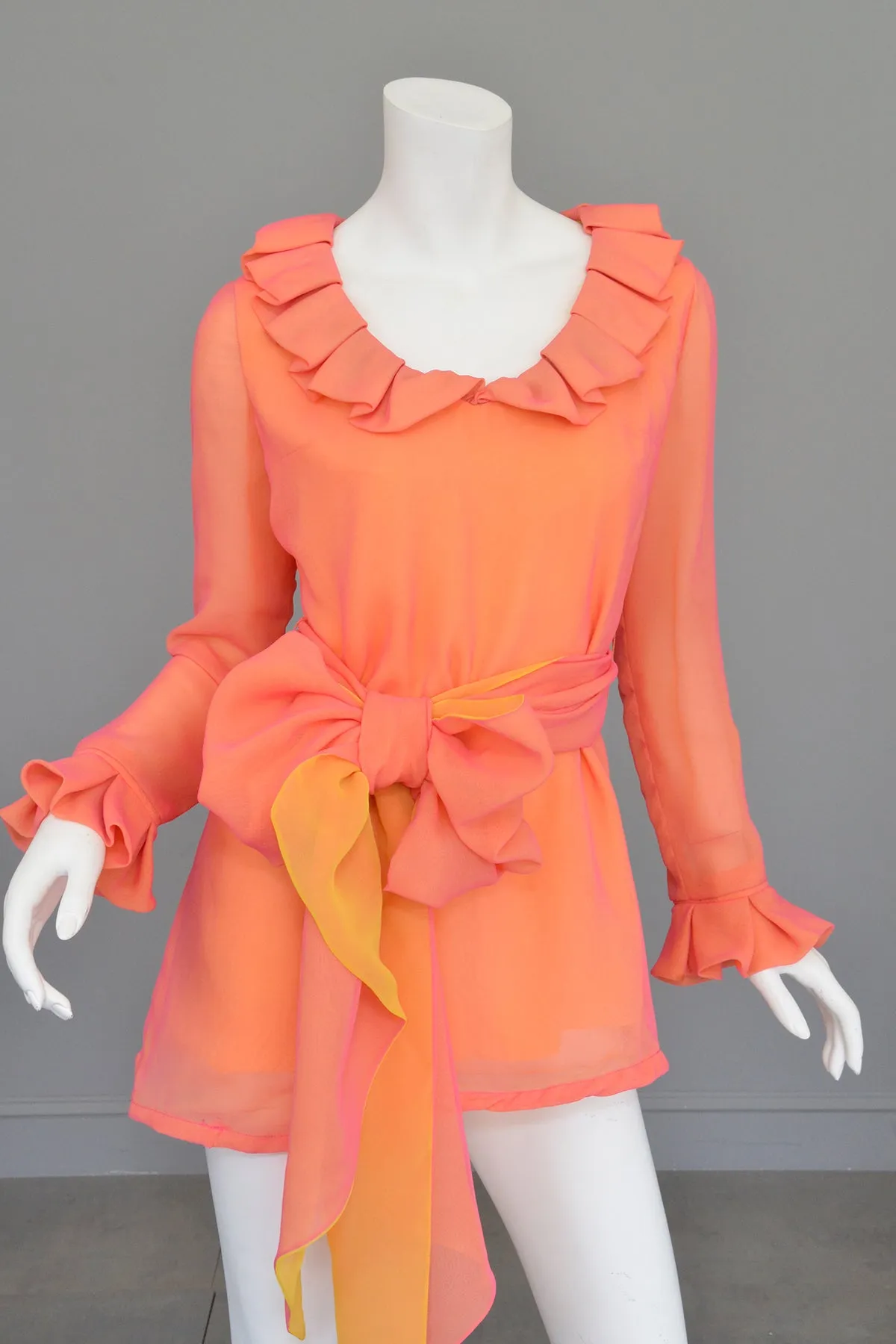 1970s Neon Coral + Saffron Chiffon Micro Mini Tunic