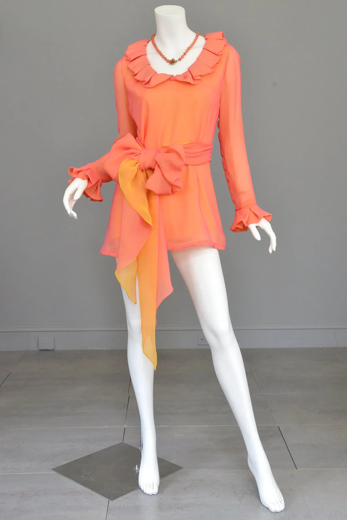 1970s Neon Coral + Saffron Chiffon Micro Mini Tunic