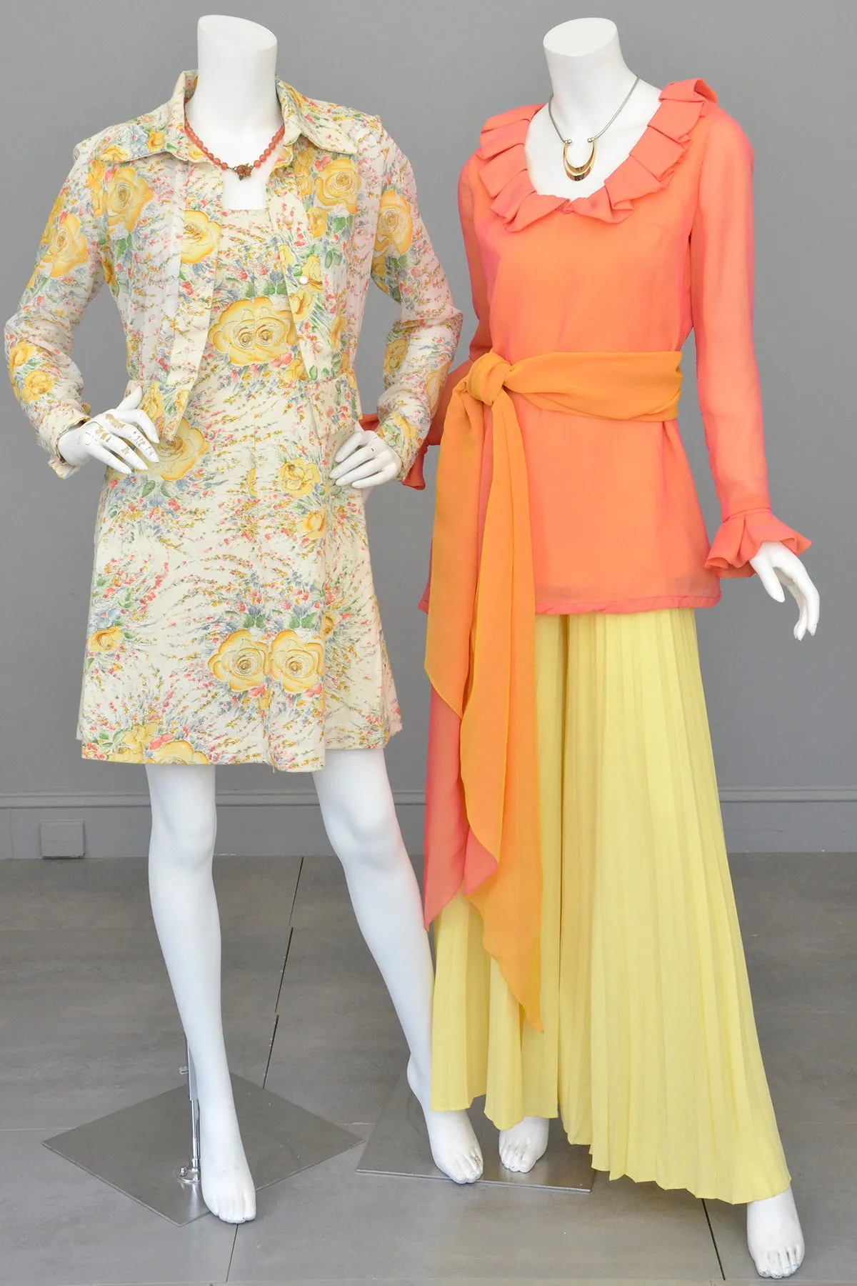 1970s Neon Coral + Saffron Chiffon Micro Mini Tunic