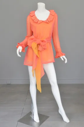 1970s Neon Coral + Saffron Chiffon Micro Mini Tunic