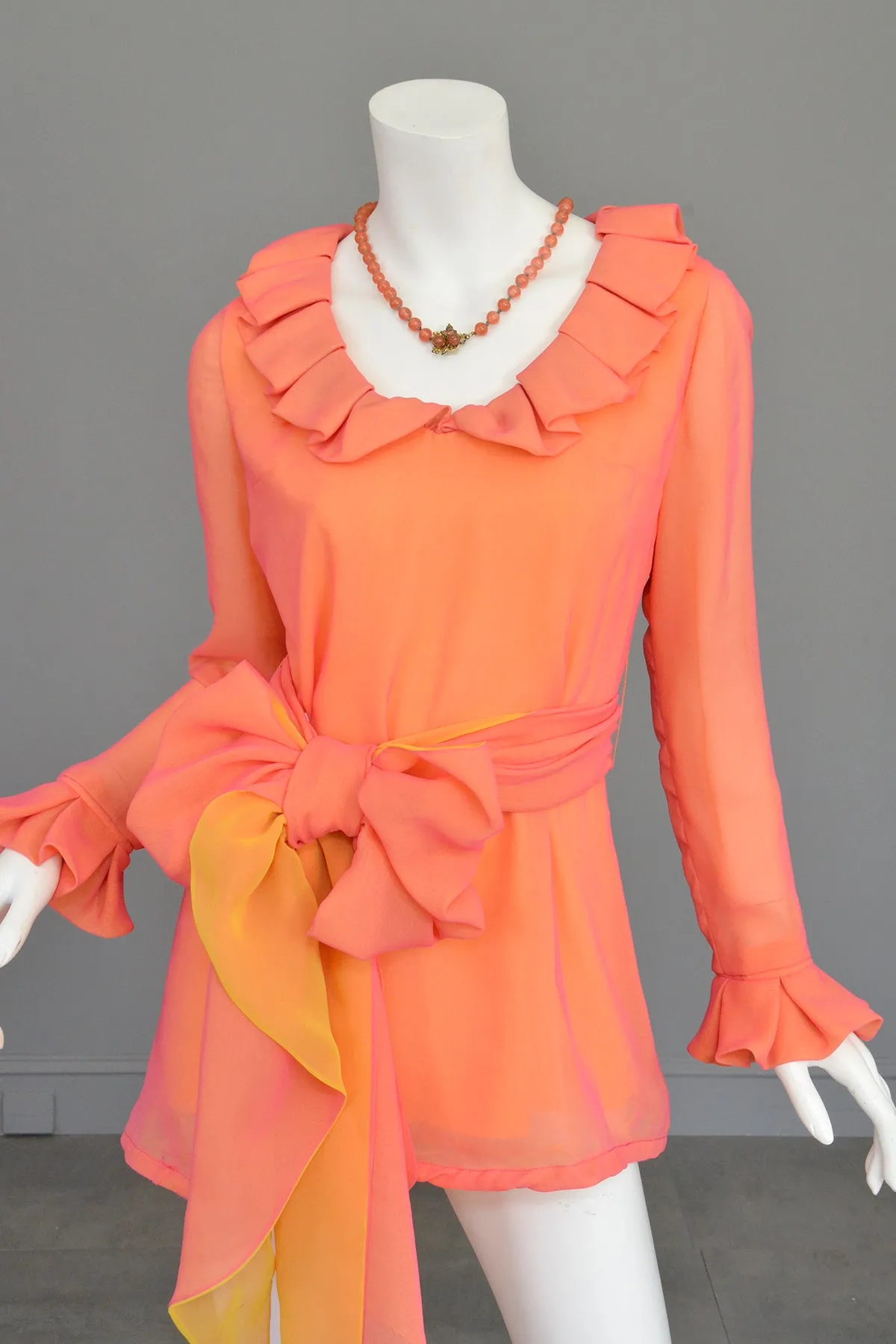 1970s Neon Coral + Saffron Chiffon Micro Mini Tunic