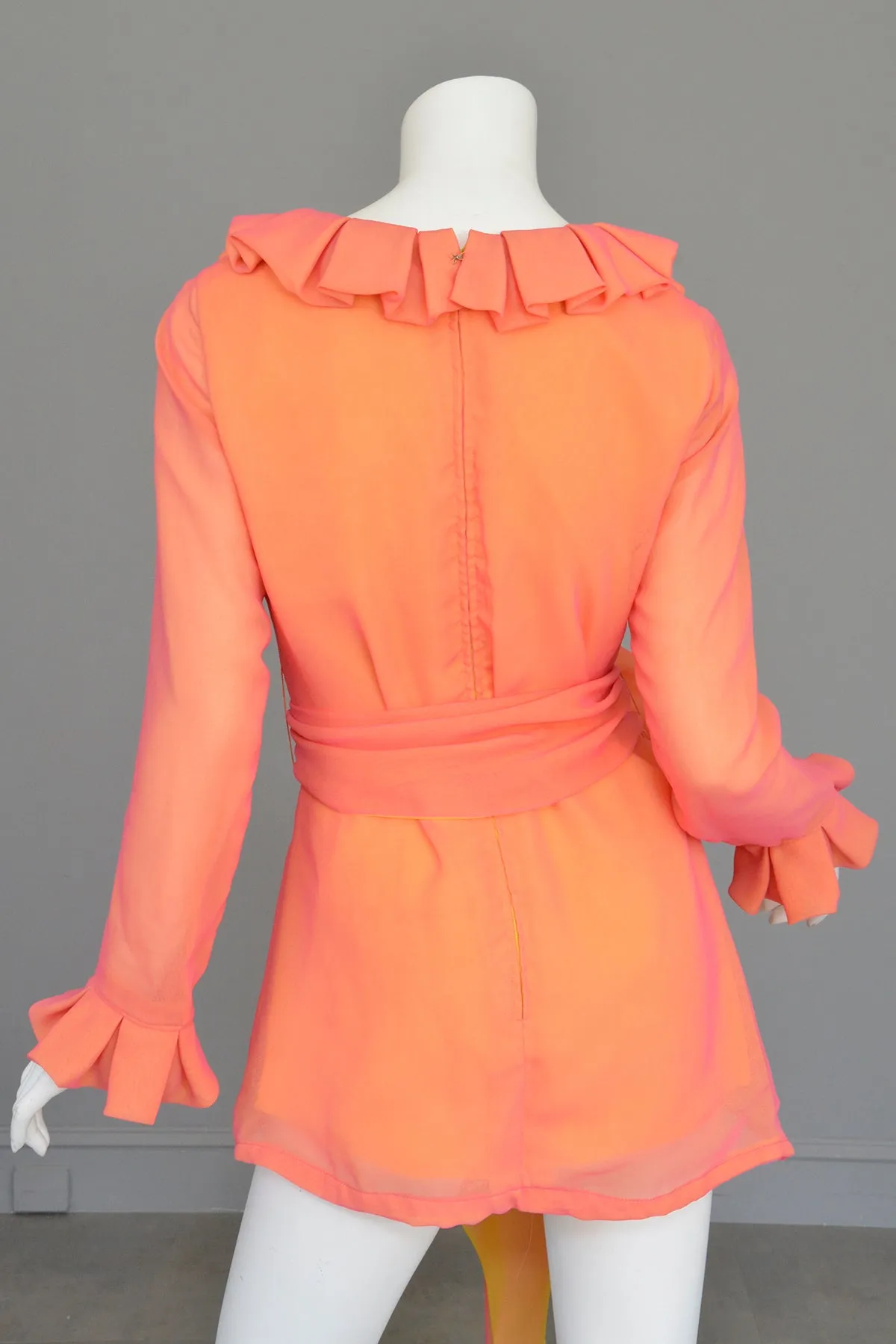 1970s Neon Coral + Saffron Chiffon Micro Mini Tunic