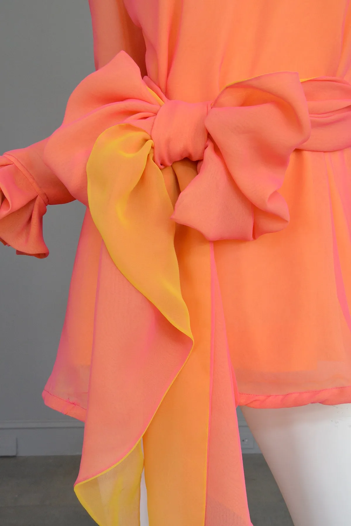 1970s Neon Coral + Saffron Chiffon Micro Mini Tunic