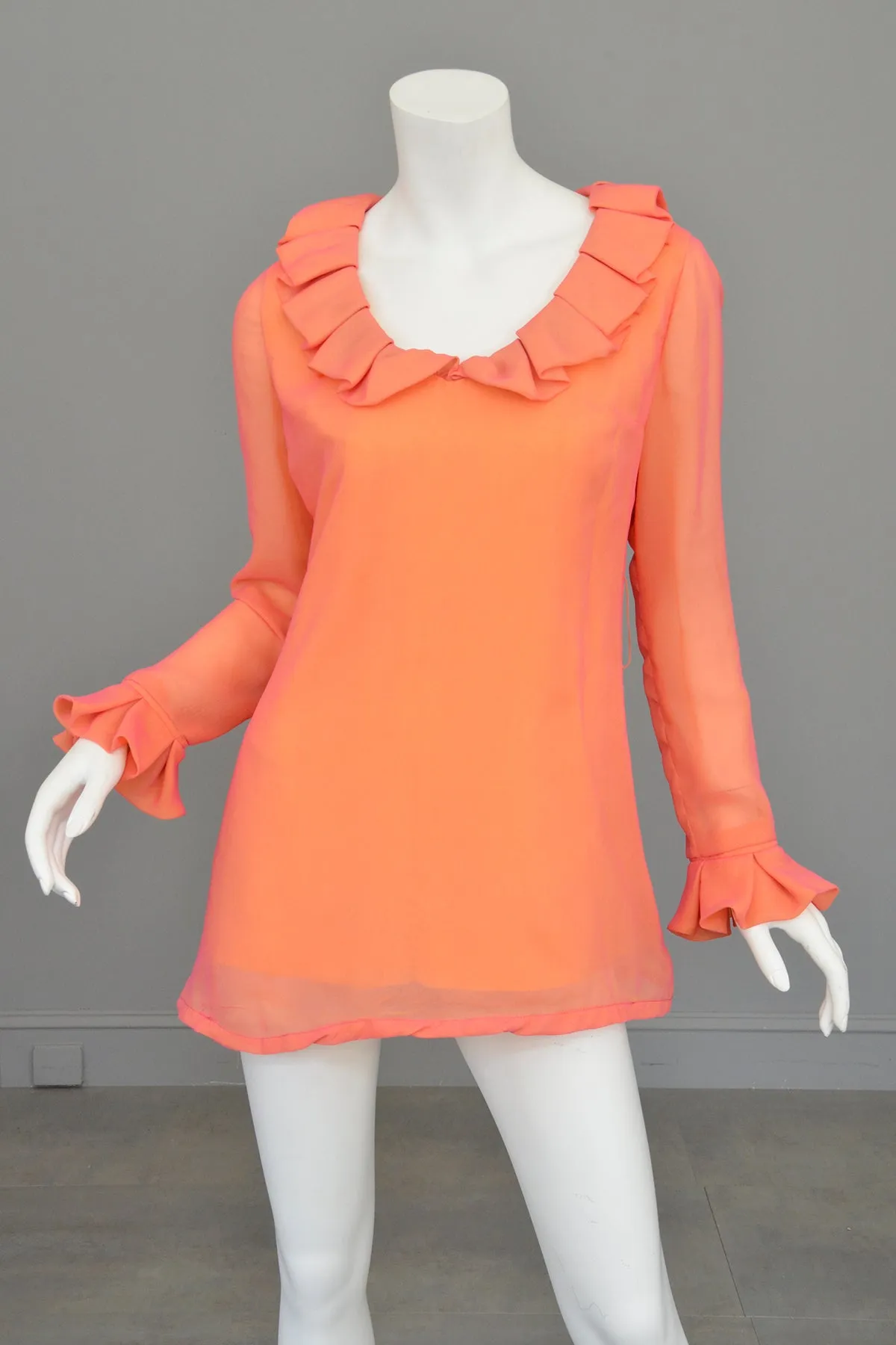 1970s Neon Coral + Saffron Chiffon Micro Mini Tunic