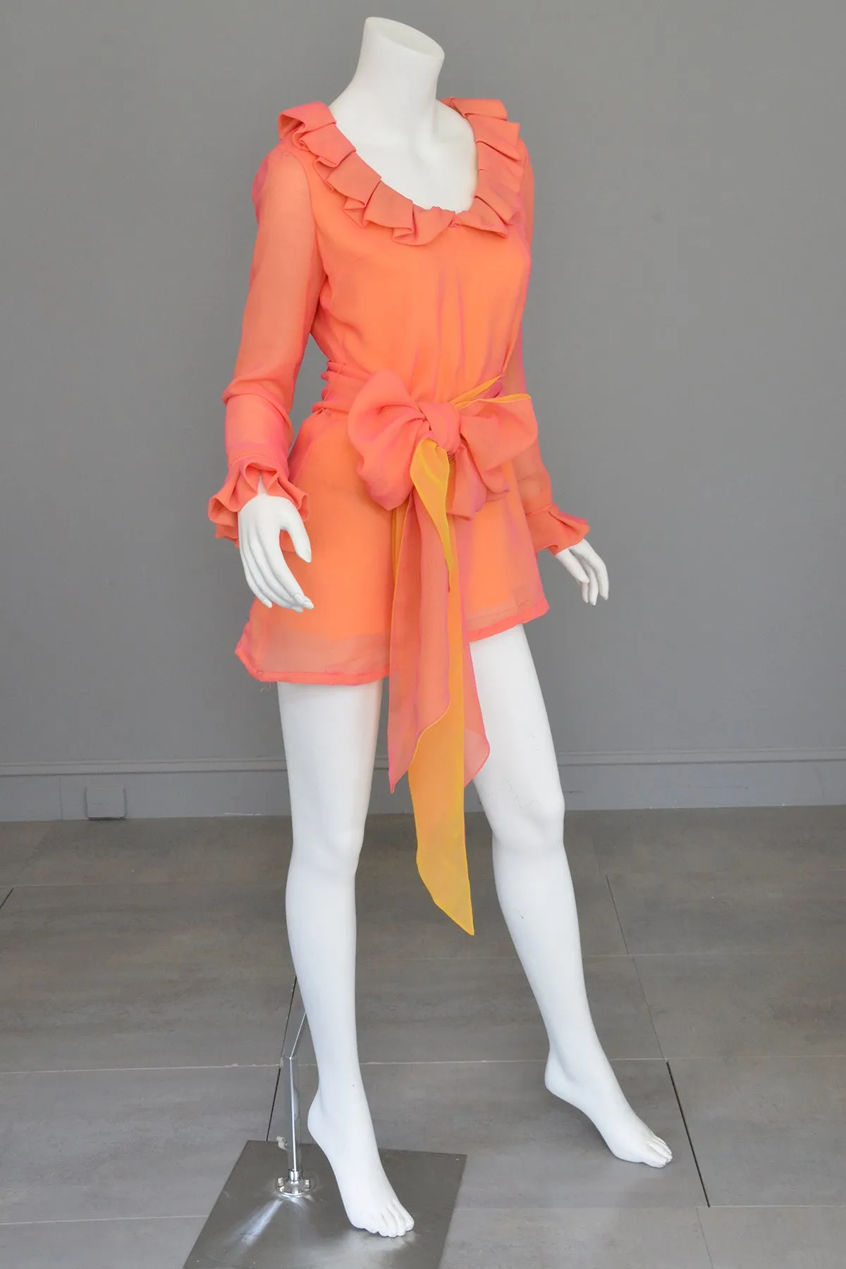 1970s Neon Coral + Saffron Chiffon Micro Mini Tunic