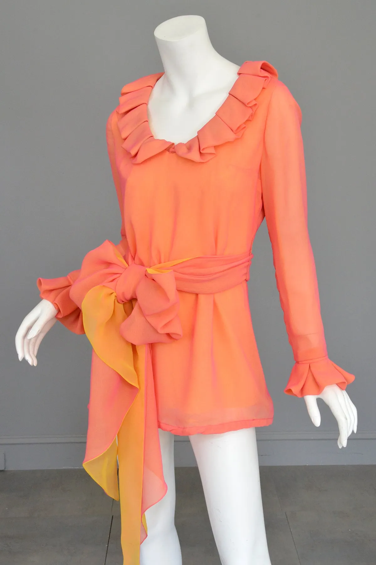 1970s Neon Coral + Saffron Chiffon Micro Mini Tunic