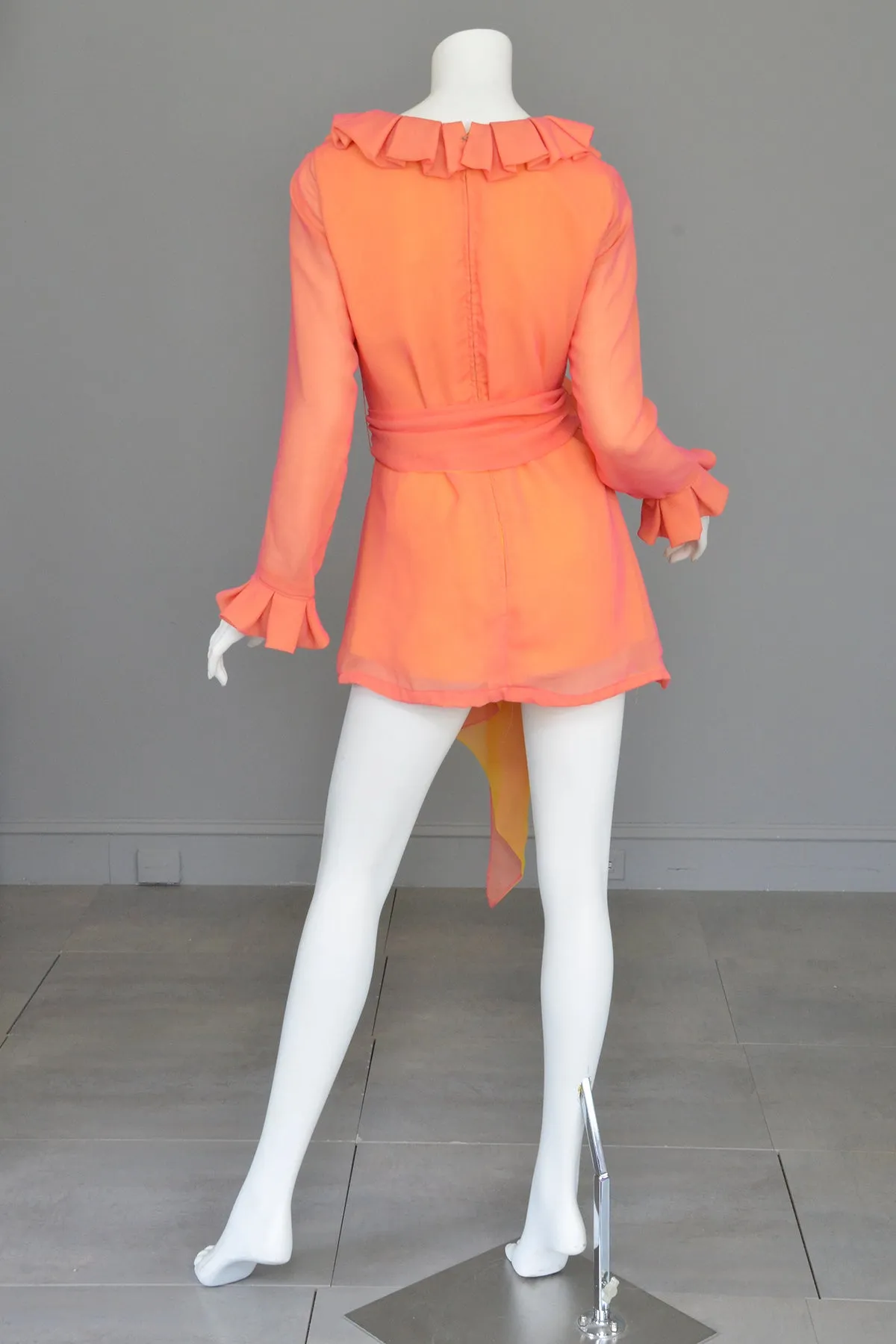 1970s Neon Coral + Saffron Chiffon Micro Mini Tunic