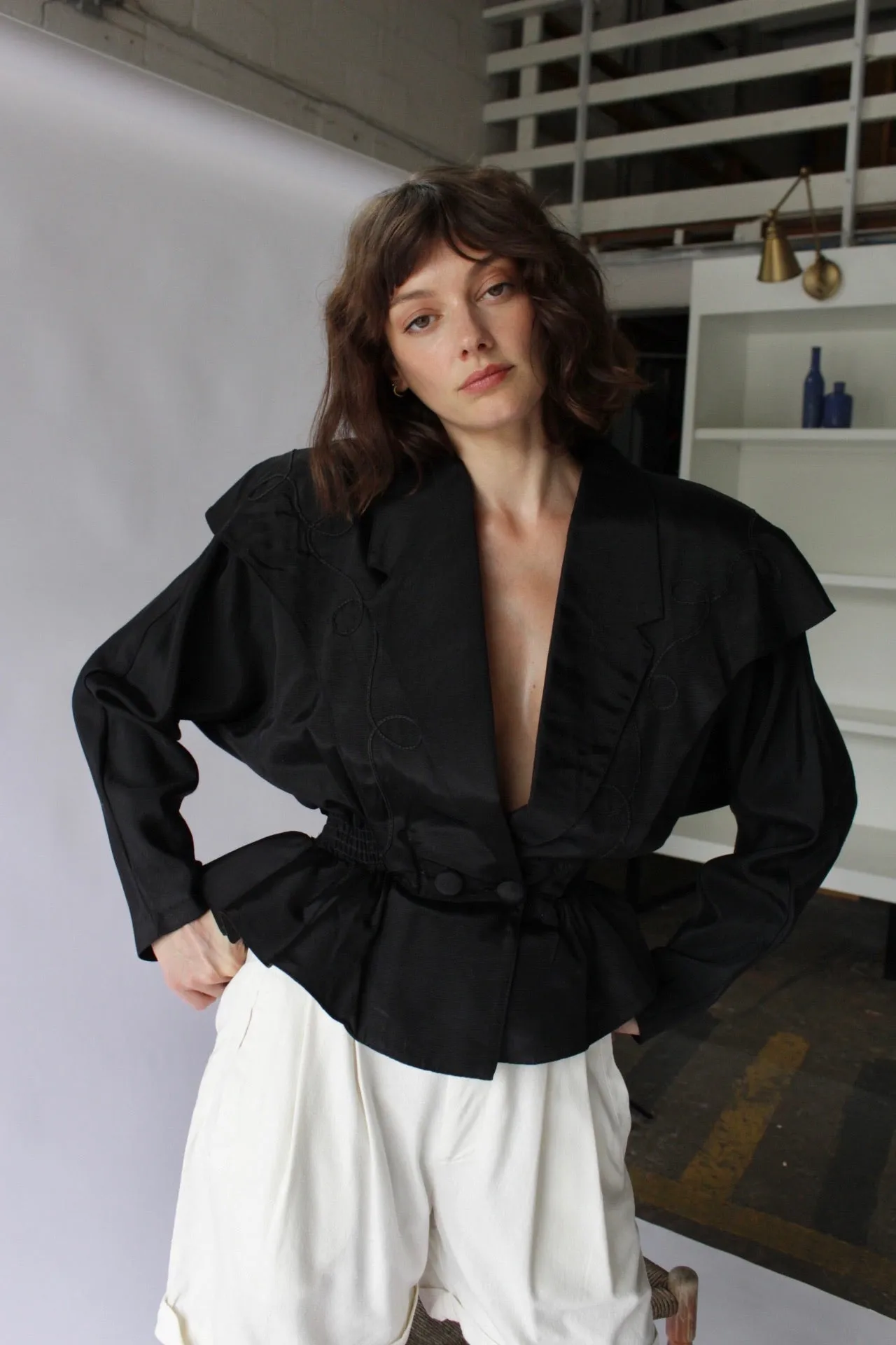 Amazing Vintage Onyx Sheer Back Peplum Jacket