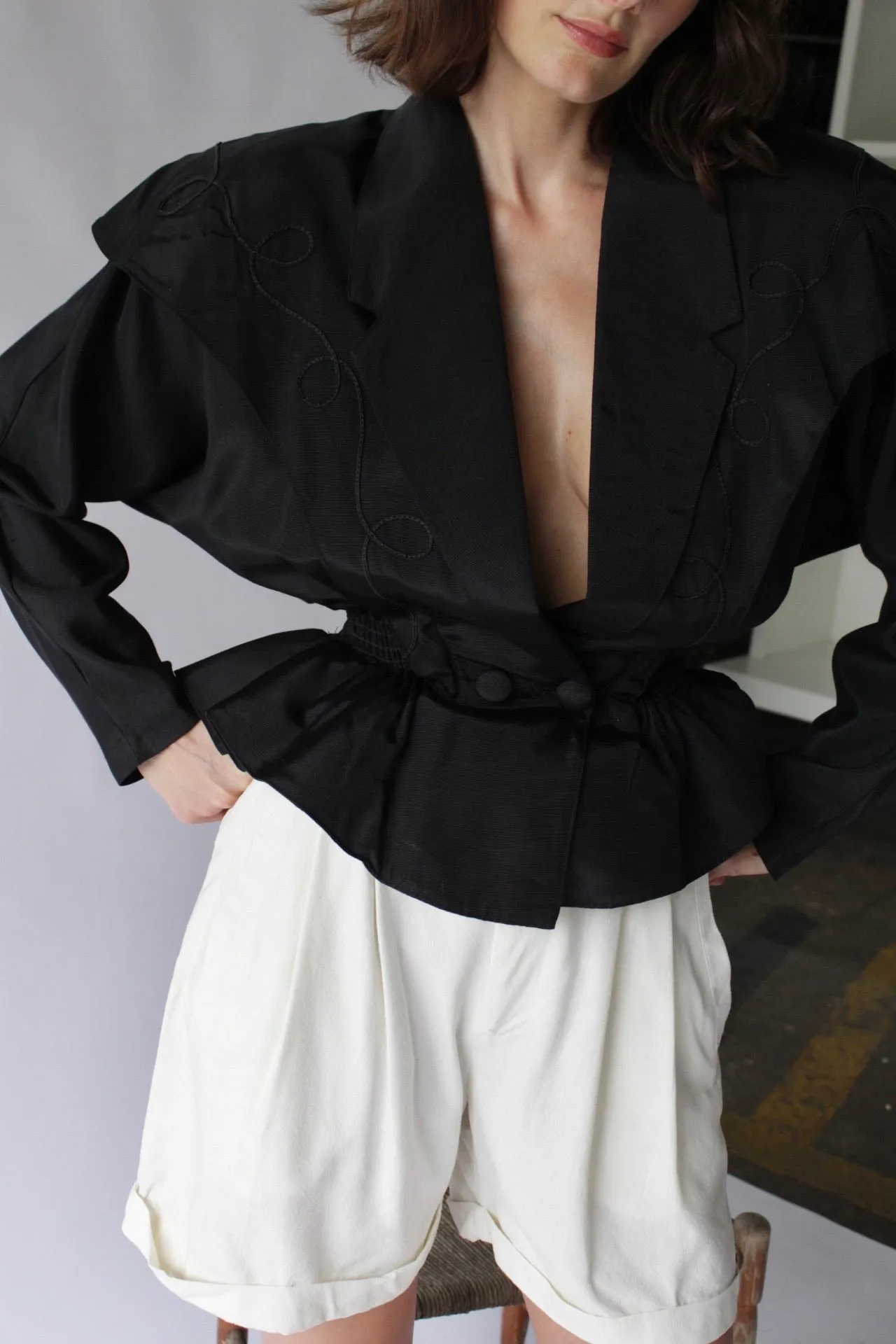 Amazing Vintage Onyx Sheer Back Peplum Jacket