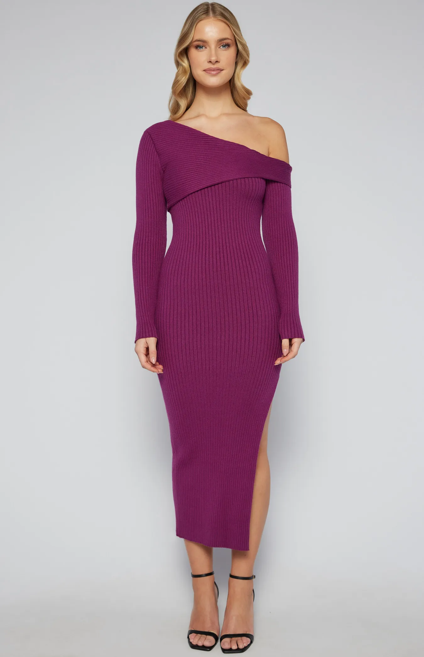 Asymmetric Neckline Knit Midi Dress with Side Split (SKN576)