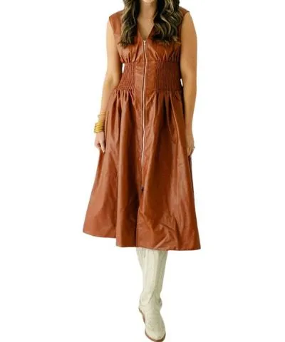 Aureum Vegan Leather Smocked Dress In Cognac