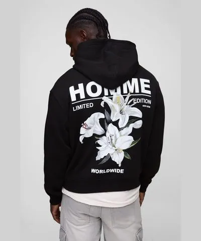 boohoo Mens Boxy Homme Lily Graphic Hoodie