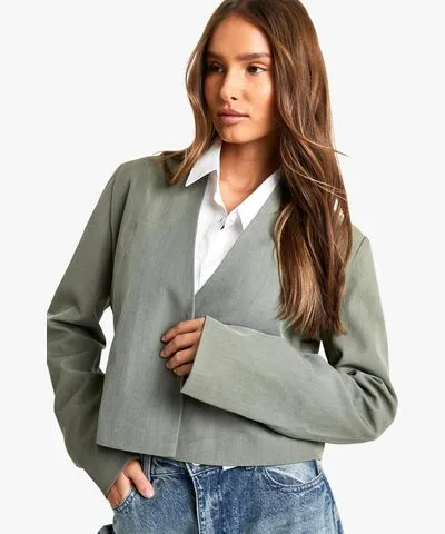 boohoo Womens Collarless Woven Cropped Blazer