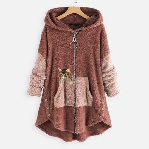 Fashion Cat Solid Color Cotton Blend Polyester Patchwork Coat Polar Fleece Coat