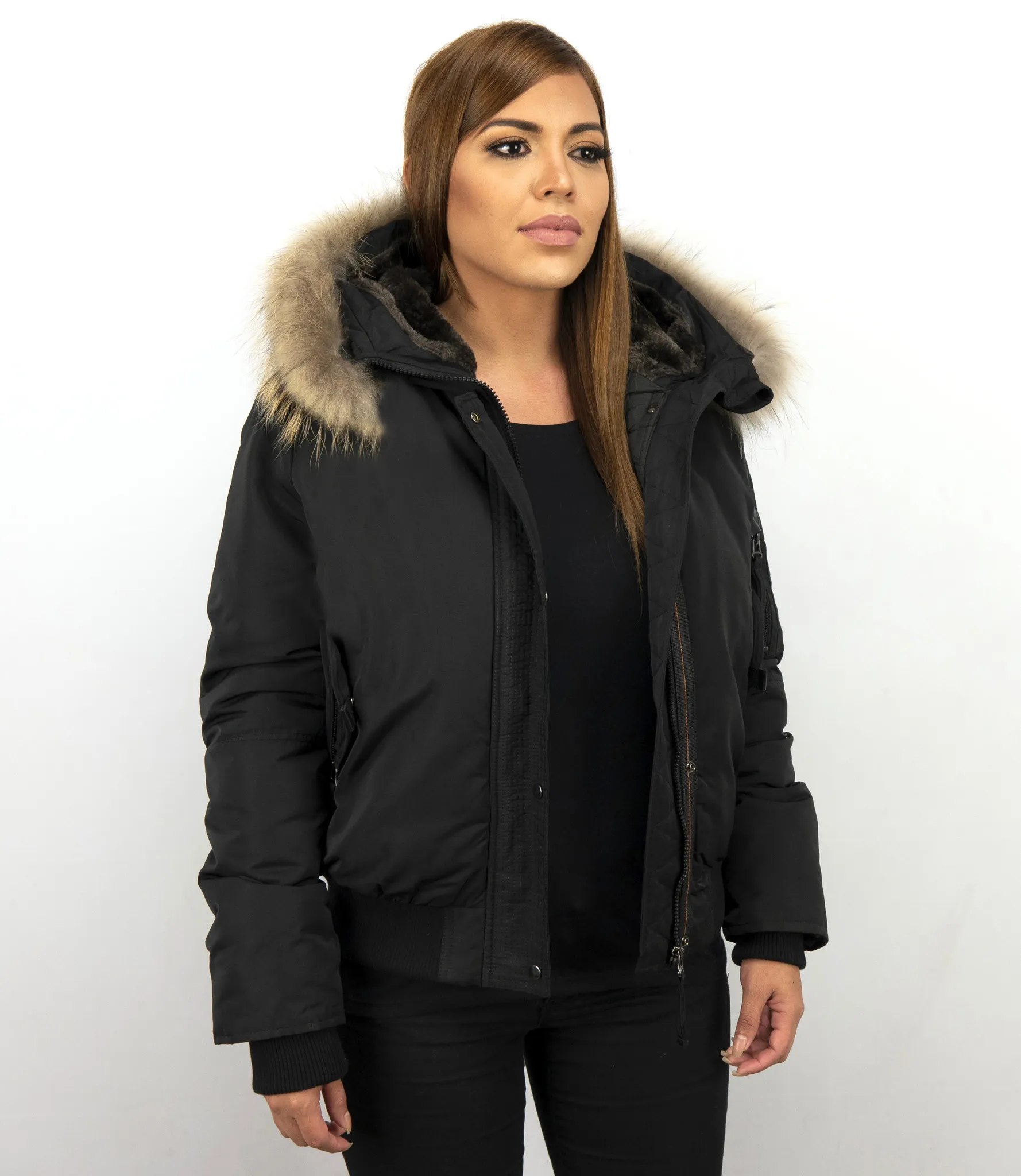 Fur Collar Coat - Women's Winter Coat Short - Black