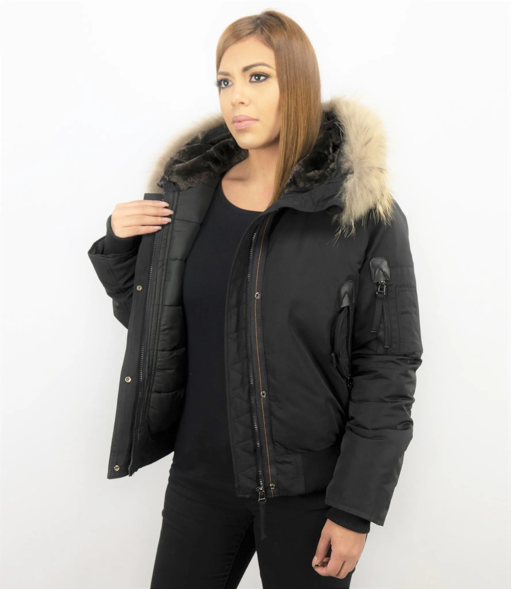 Fur Collar Coat - Women's Winter Coat Short - Black