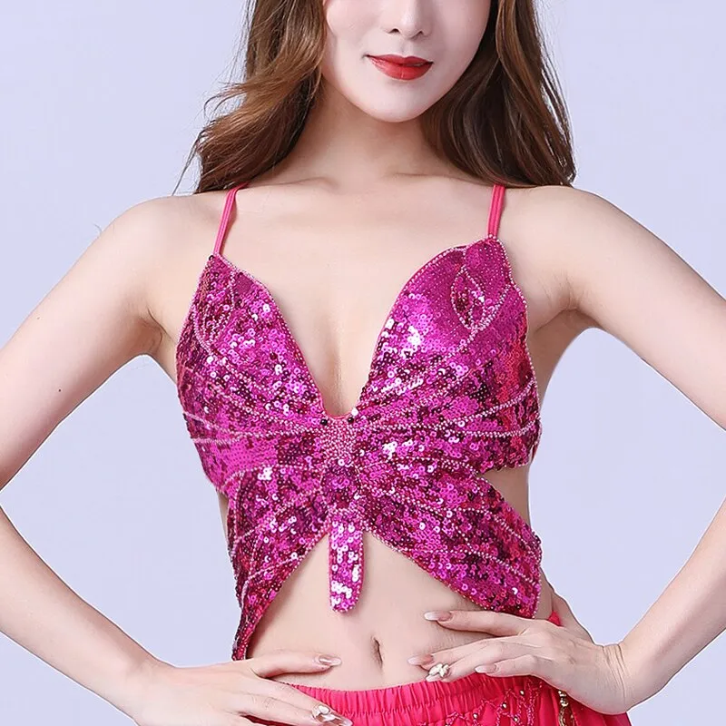 Halter Crop Tops Women Butterfly-shaped Sequined Sexy Deep V-neck Backless Sling Vest Camis Night Barwear