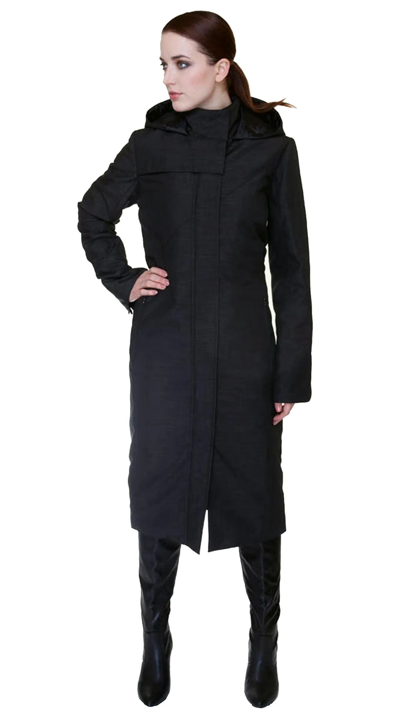 Hooded Maxi Coat with Zip Off Hood and Quilted Liner - Nylon