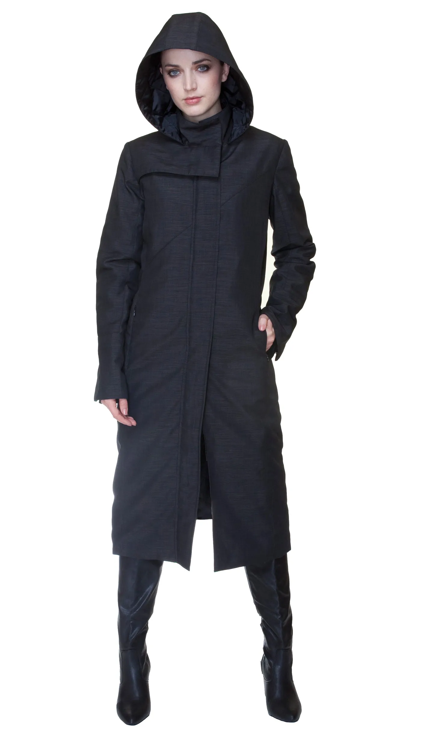 Hooded Maxi Coat with Zip Off Hood and Quilted Liner - Nylon