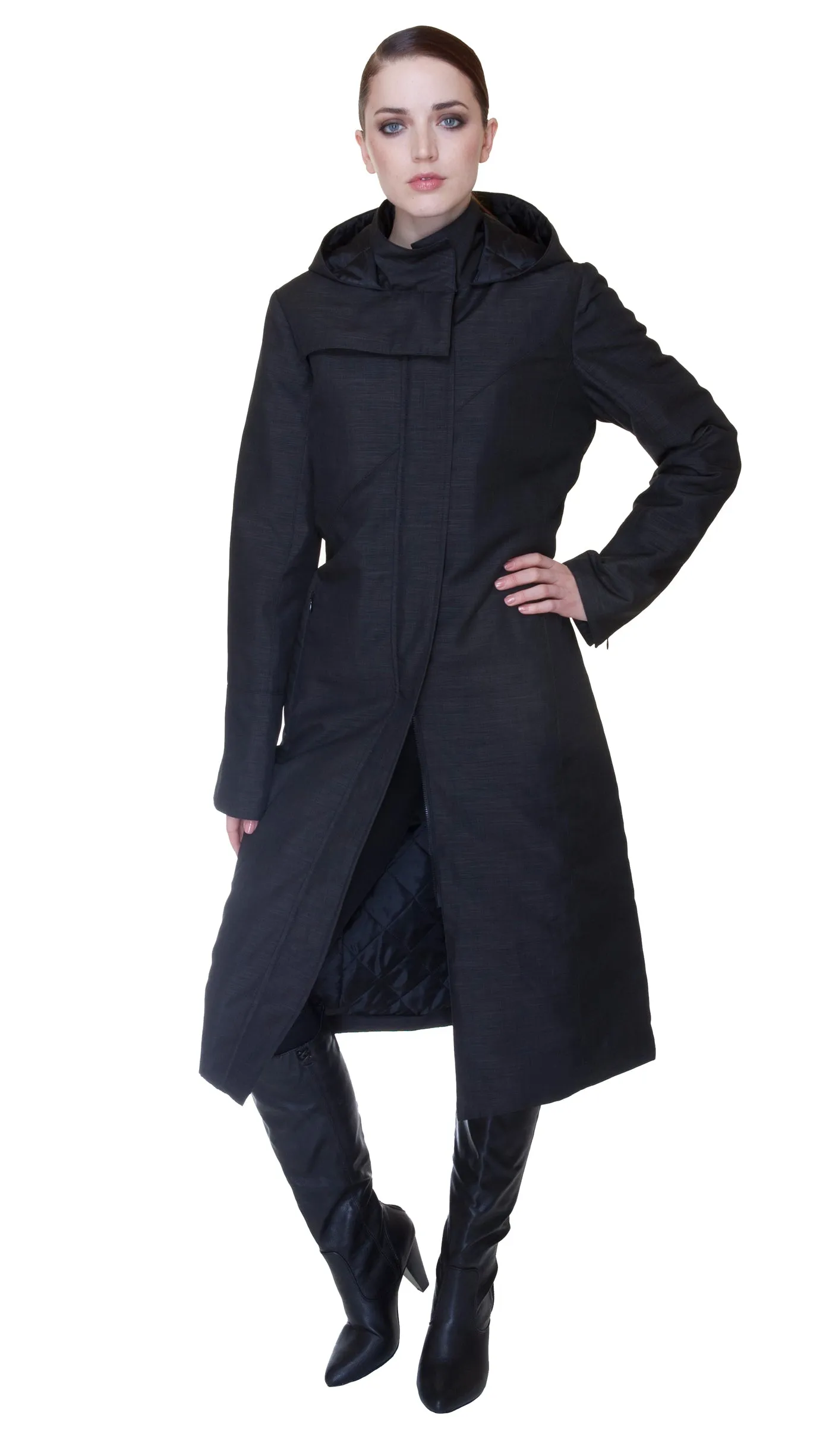 Hooded Maxi Coat with Zip Off Hood and Quilted Liner - Nylon