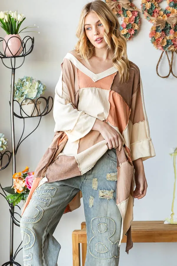 Just Peachy Block Patched Oversized Top