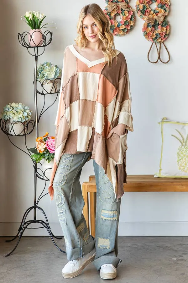 Just Peachy Block Patched Oversized Top