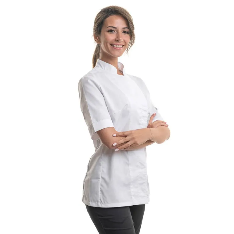 Large Size White Short Sleeve Kitchen Coat for Women - MANELLI