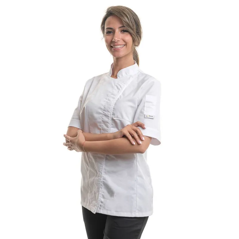 Large Size White Short Sleeve Kitchen Coat for Women - MANELLI