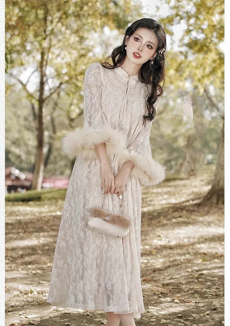 Magic Muse Faux Fur Lace Dress with Pearl Belt - Buy Online Now