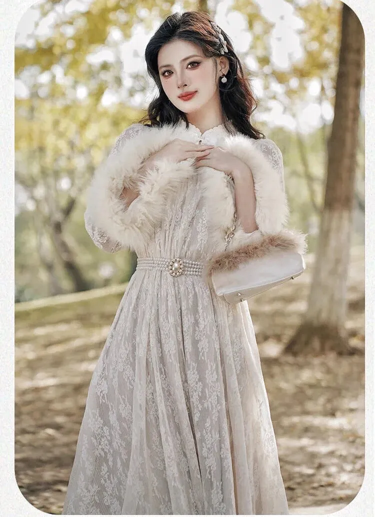 Magic Muse Faux Fur Lace Dress with Pearl Belt - Buy Online Now