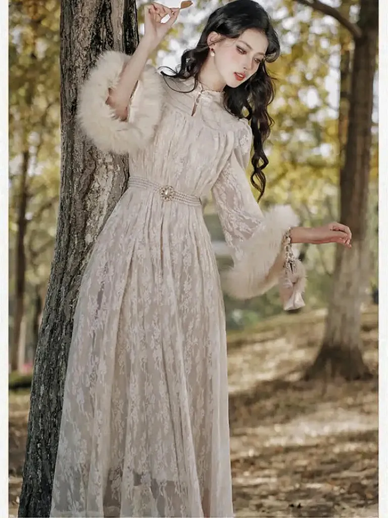 Magic Muse Faux Fur Lace Dress with Pearl Belt - Buy Online Now