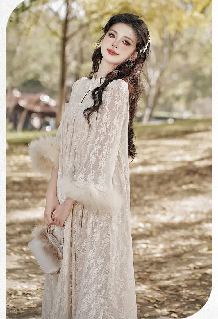 Magic Muse Faux Fur Lace Dress with Pearl Belt - Buy Online Now