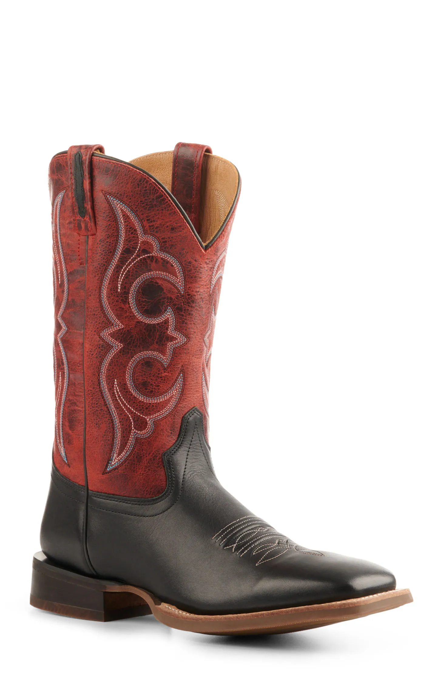 Old West Men's Black and Burnt Red Wide Square Toe Cowboy Boots