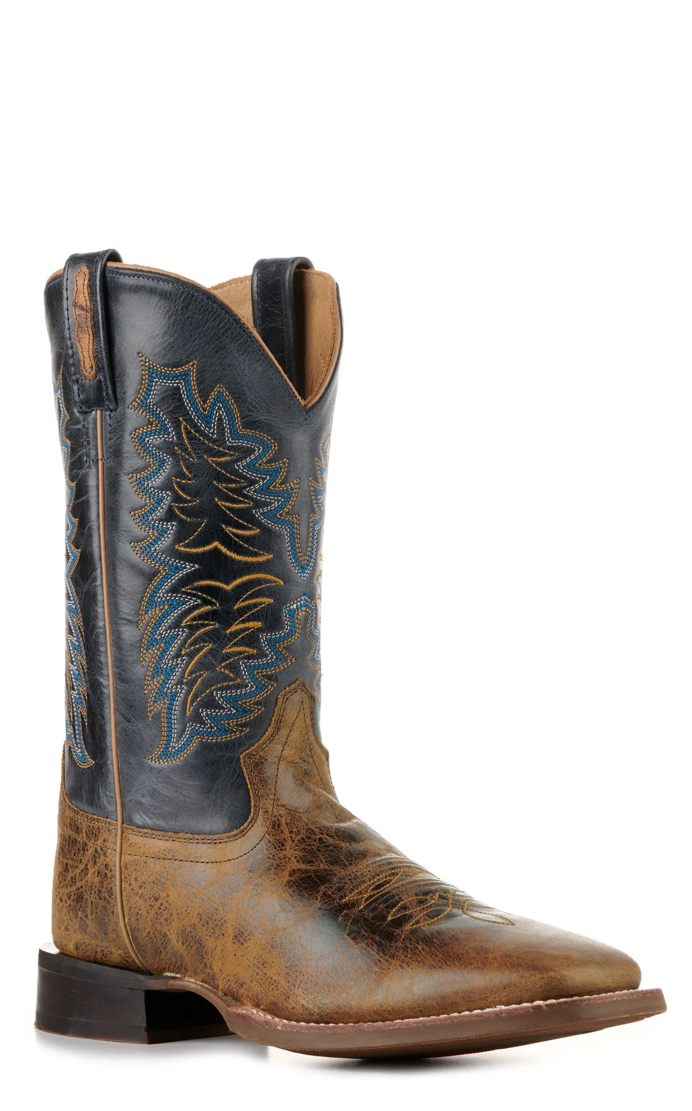 Old West Men's Burnt Brown and Navy Wide Square Toe Cowboy Boots