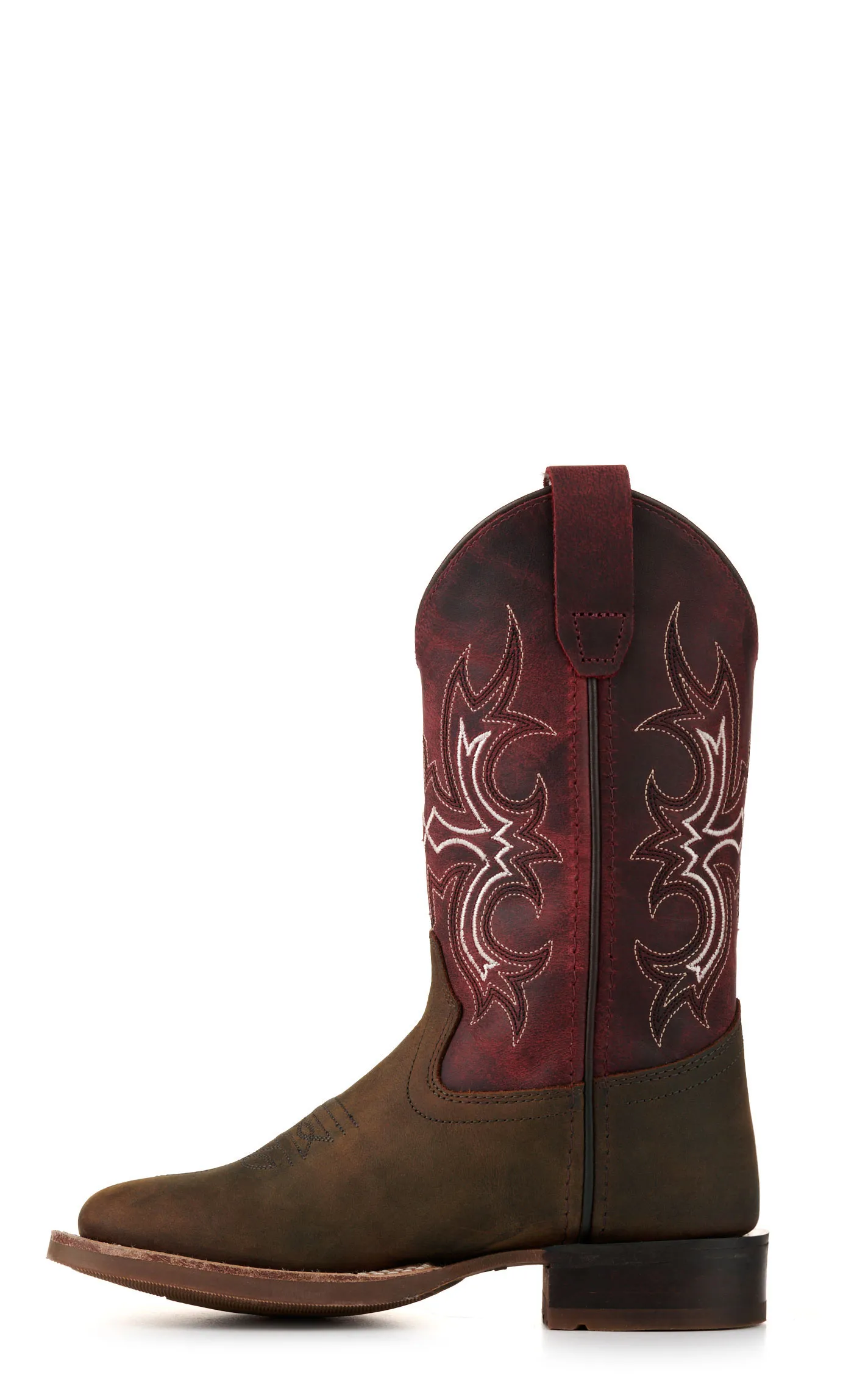 Old West Youth Brown and Burgundy Wide Square Toe Cowboy Boots