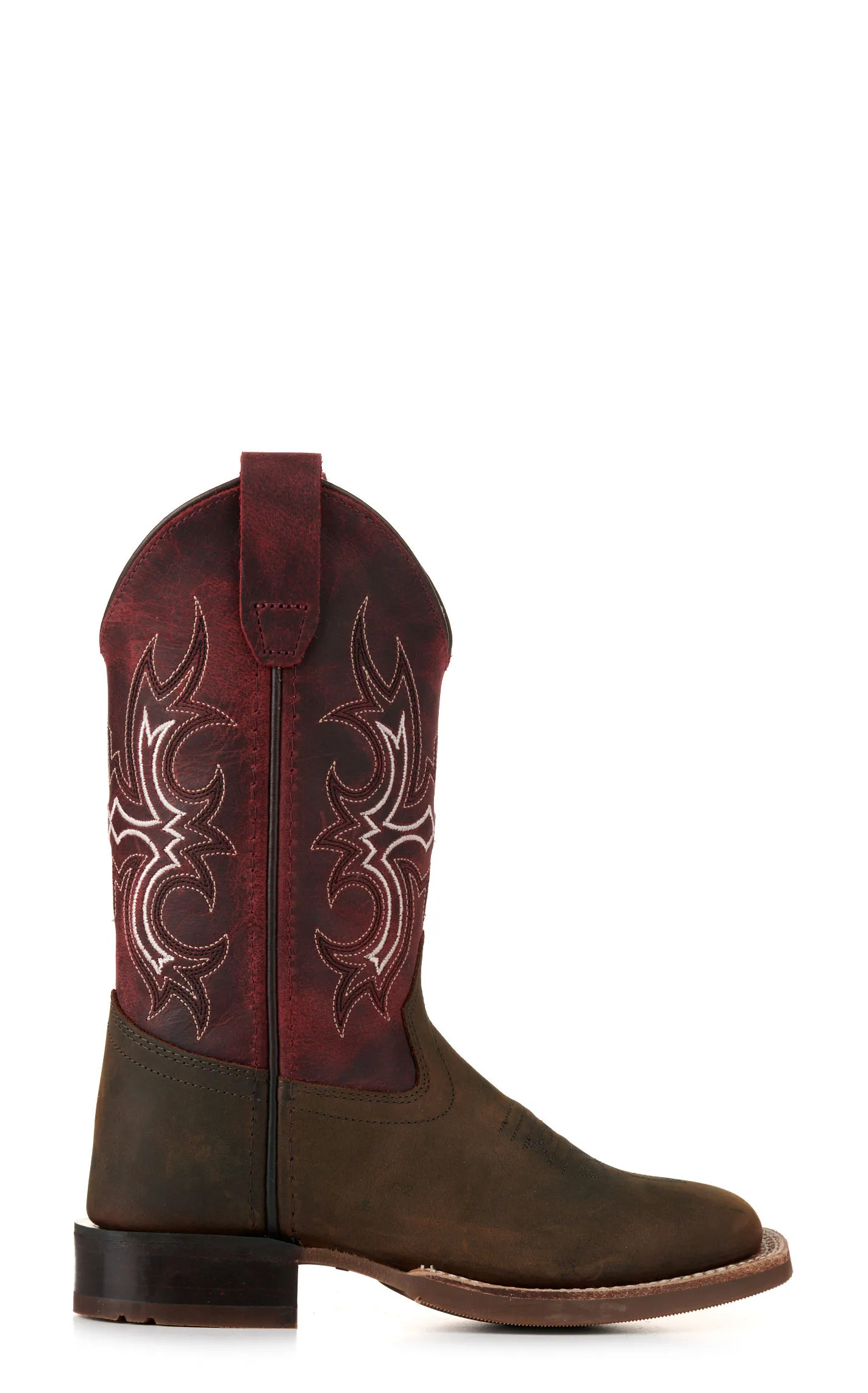 Old West Youth Brown and Burgundy Wide Square Toe Cowboy Boots