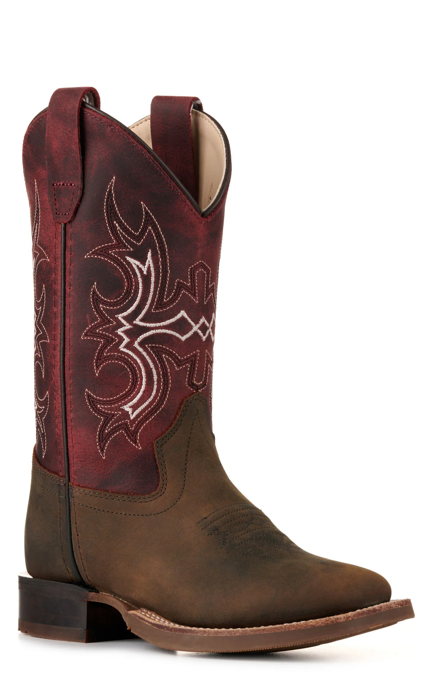 Old West Youth Brown and Burgundy Wide Square Toe Cowboy Boots