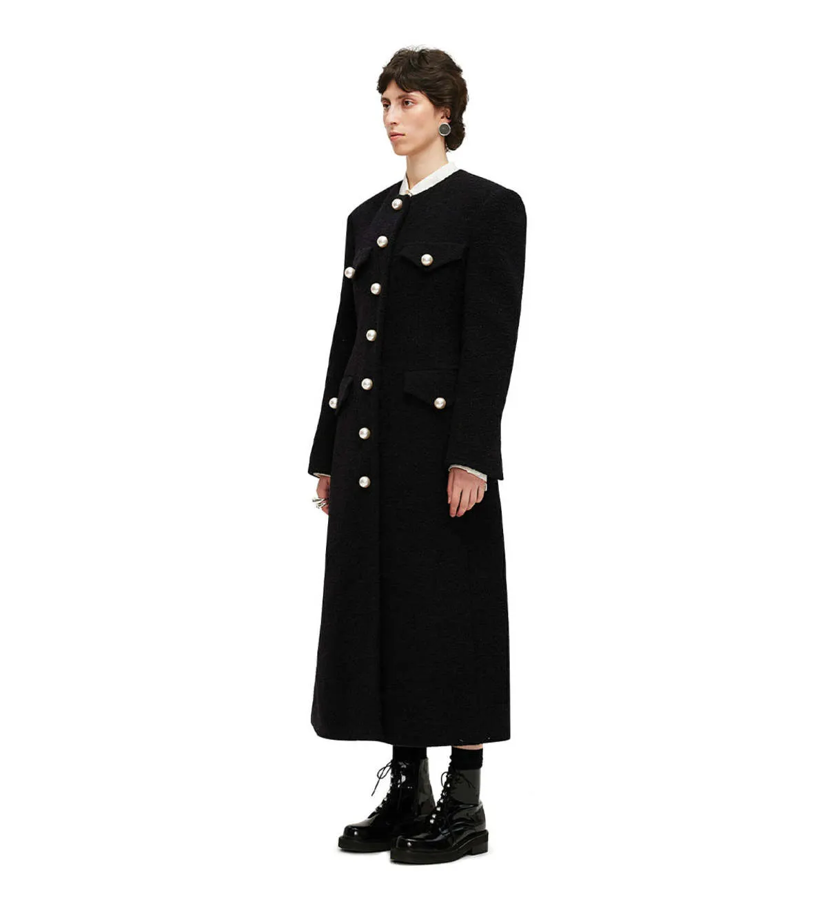 Pearl Button Evening Coat - Black