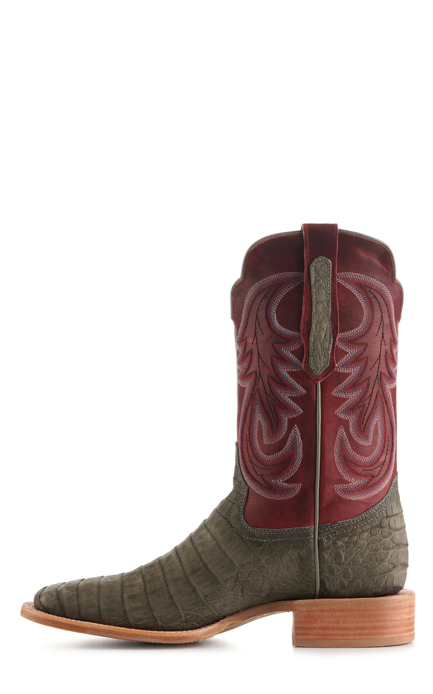 R. Watson Men's Rose Red and Charcoal Sueded Caiman Hybrid Wide Square Toe Exotic Cowboy Boots