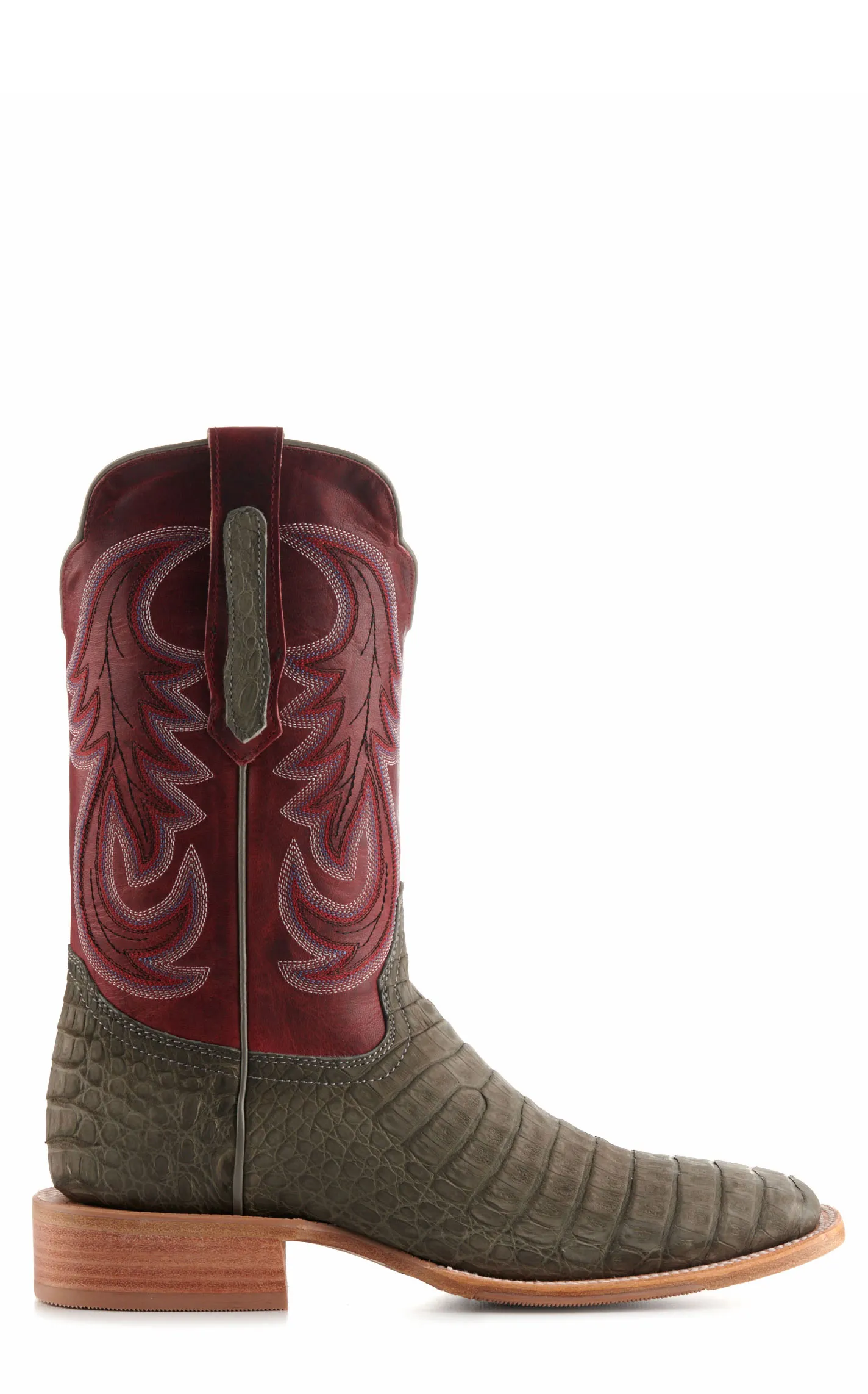 R. Watson Men's Rose Red and Charcoal Sueded Caiman Hybrid Wide Square Toe Exotic Cowboy Boots