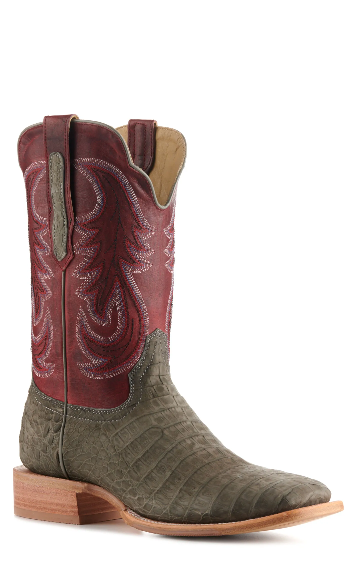 R. Watson Men's Rose Red and Charcoal Sueded Caiman Hybrid Wide Square Toe Exotic Cowboy Boots