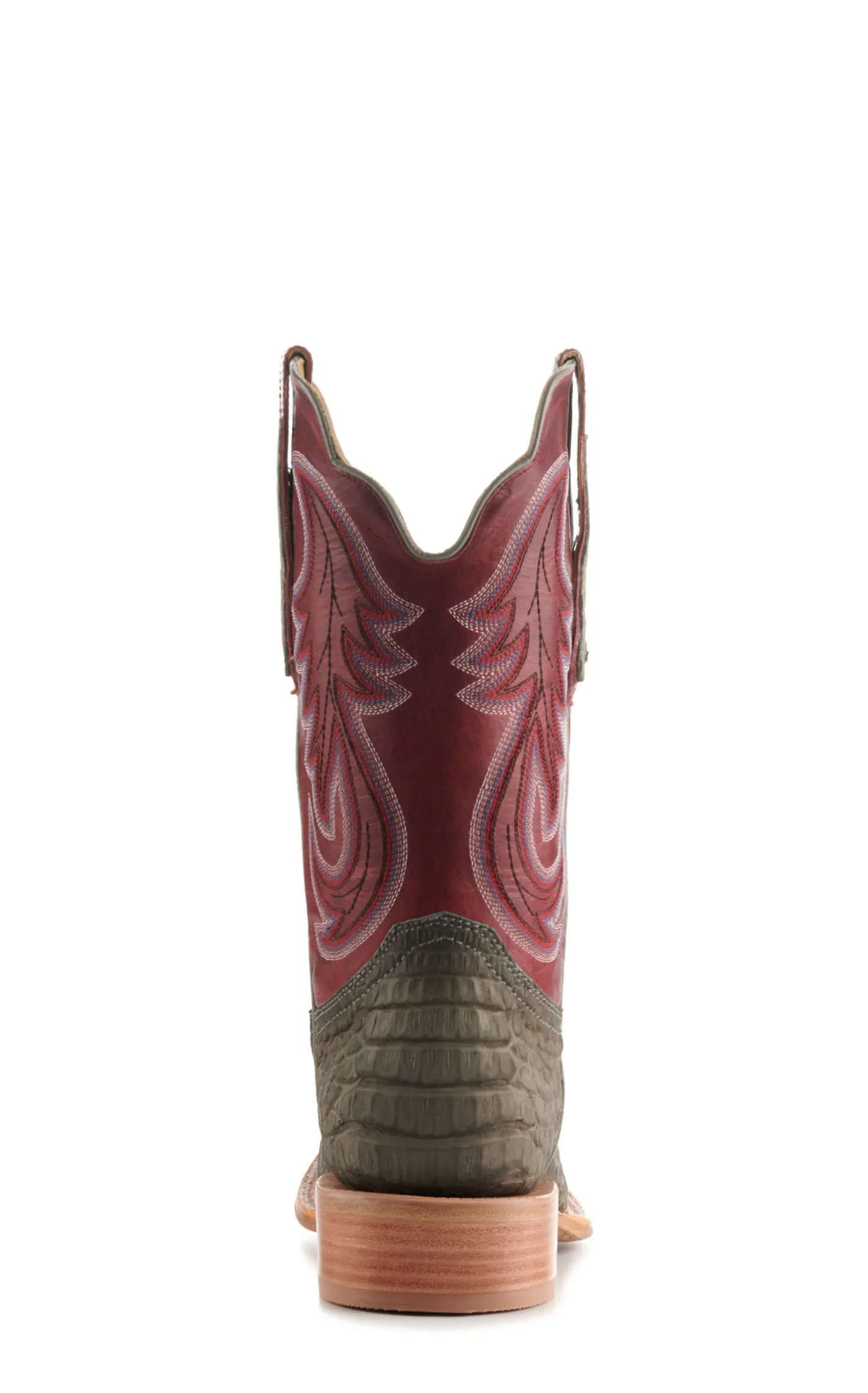 R. Watson Men's Rose Red and Charcoal Sueded Caiman Hybrid Wide Square Toe Exotic Cowboy Boots