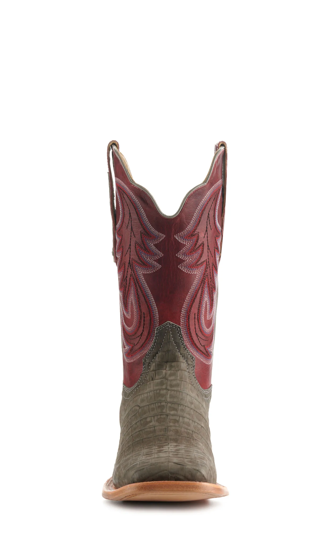 R. Watson Men's Rose Red and Charcoal Sueded Caiman Hybrid Wide Square Toe Exotic Cowboy Boots