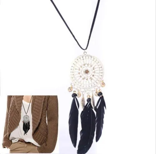 Retro Exquisite Indian Feather Leaf Hollow Lace Circle Dream Catcher Bohemia Lady Dress Sweater Necklace SM6