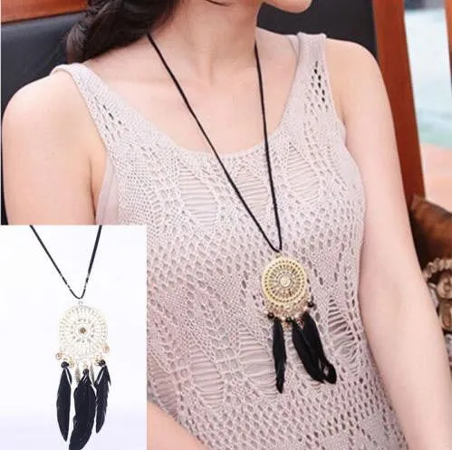 Retro Exquisite Indian Feather Leaf Hollow Lace Circle Dream Catcher Bohemia Lady Dress Sweater Necklace SM6