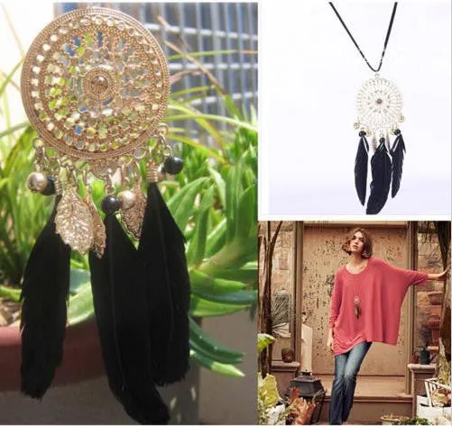 Retro Exquisite Indian Feather Leaf Hollow Lace Circle Dream Catcher Bohemia Lady Dress Sweater Necklace SM6